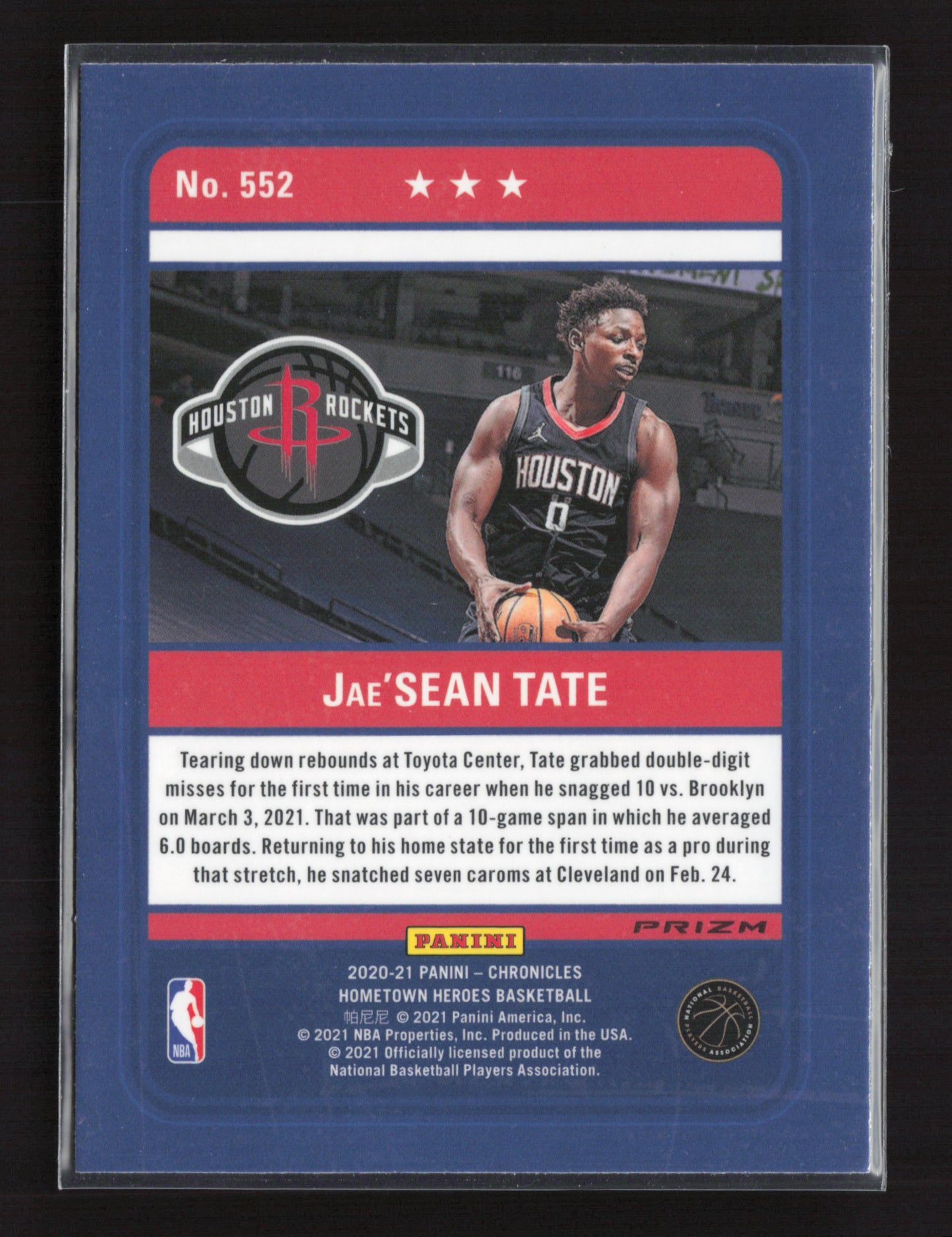 2020-21 JAE'SEAN TATE Rookie RC Chronicles Hometown Heroes Rockets
