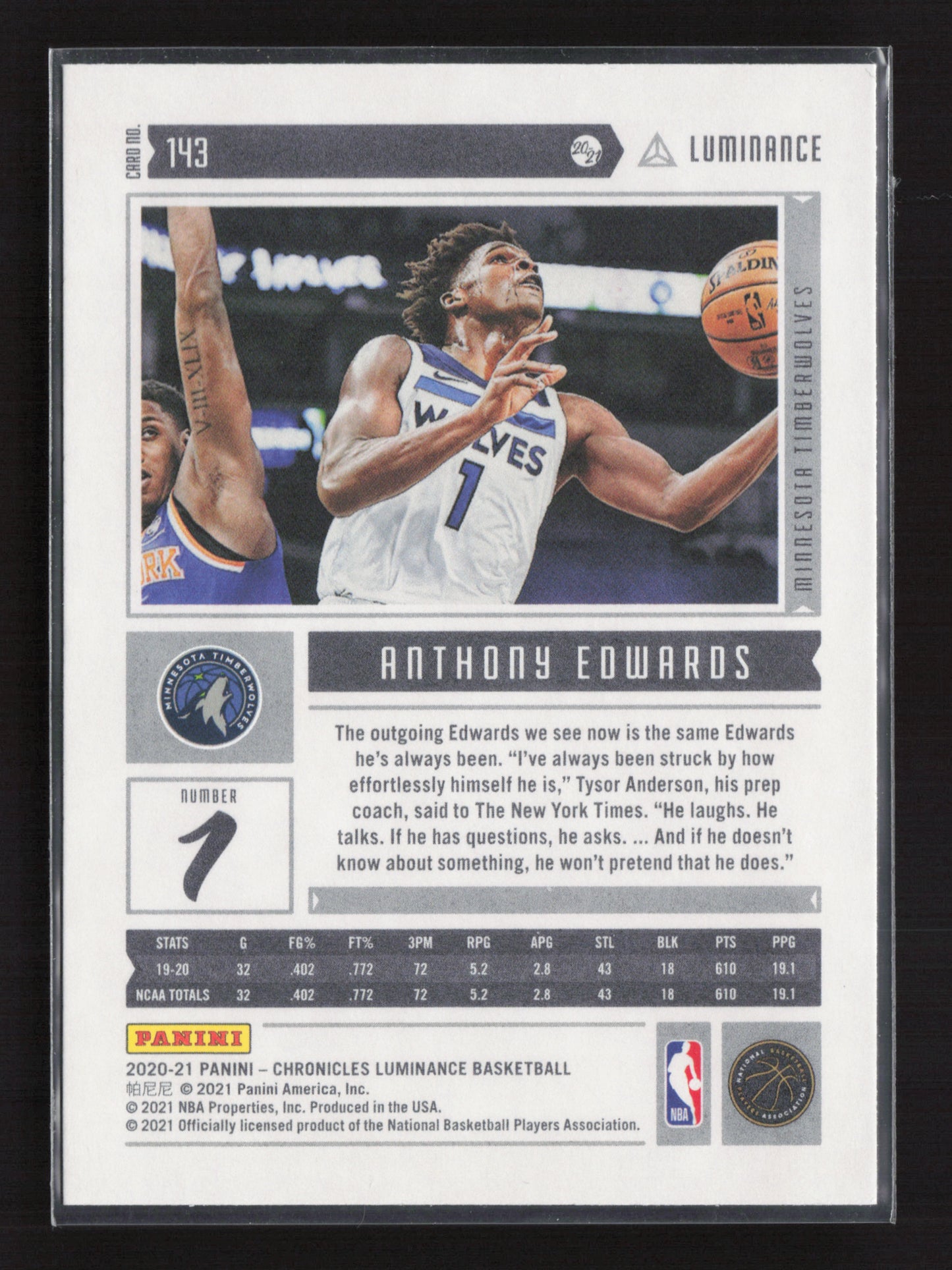 2020-21 ANTHONY EDWARDS Rookie RC Luminance Chronicles Timberwolves