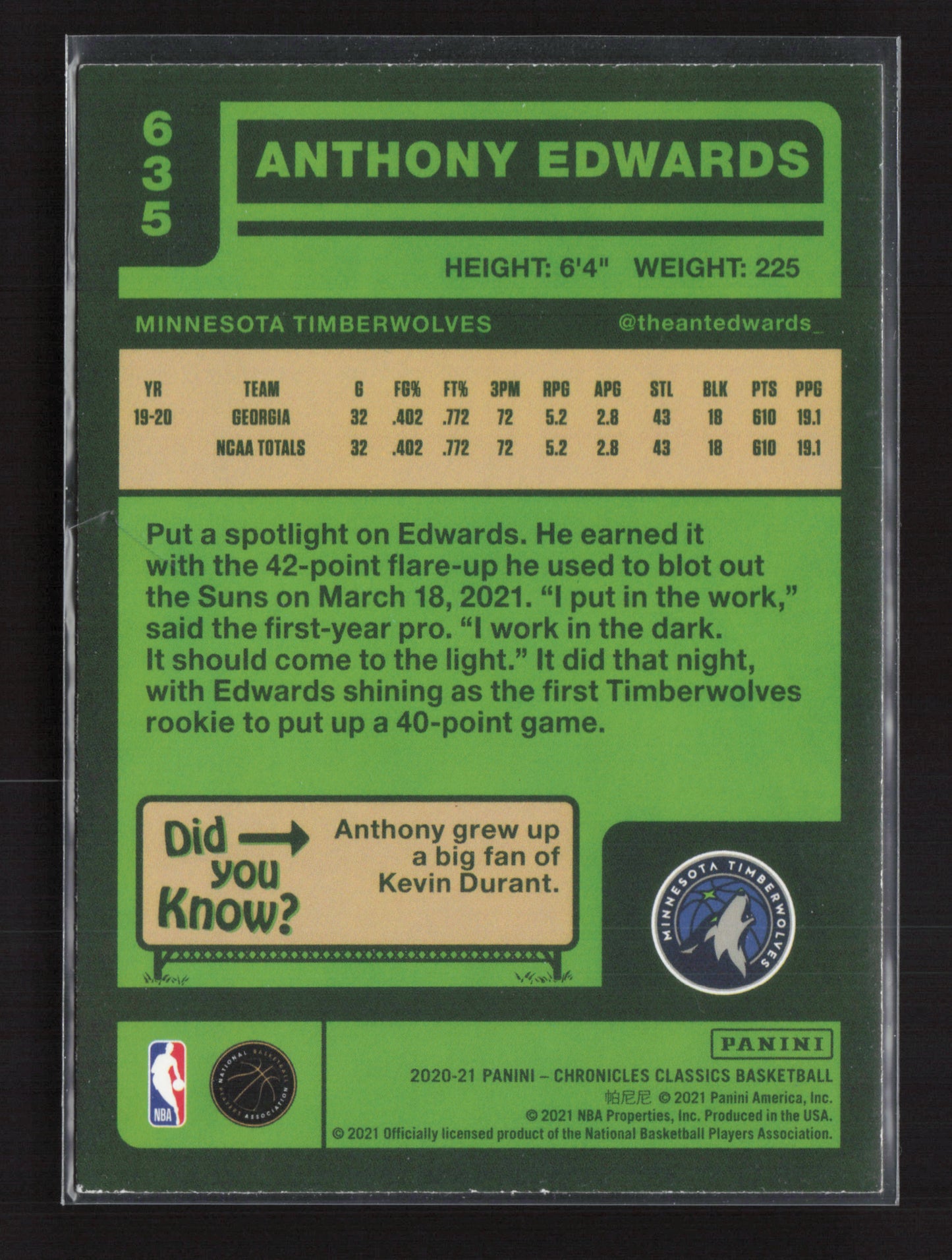 2020-21 ANTHONY EDWARDS Rookie RC Classics Chronicles Timberwolves