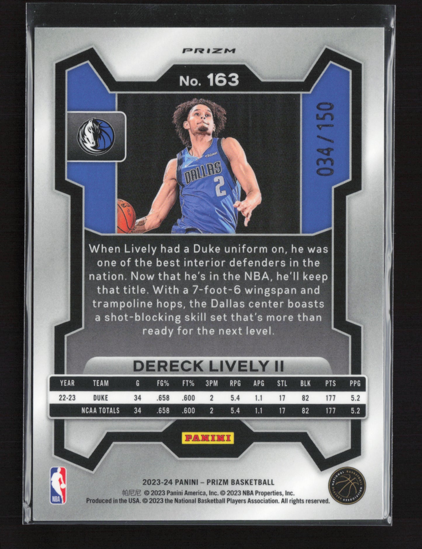 2023-24 DERECK LIVELY II Fast Break Blue 34/150 Prizm Mavericks