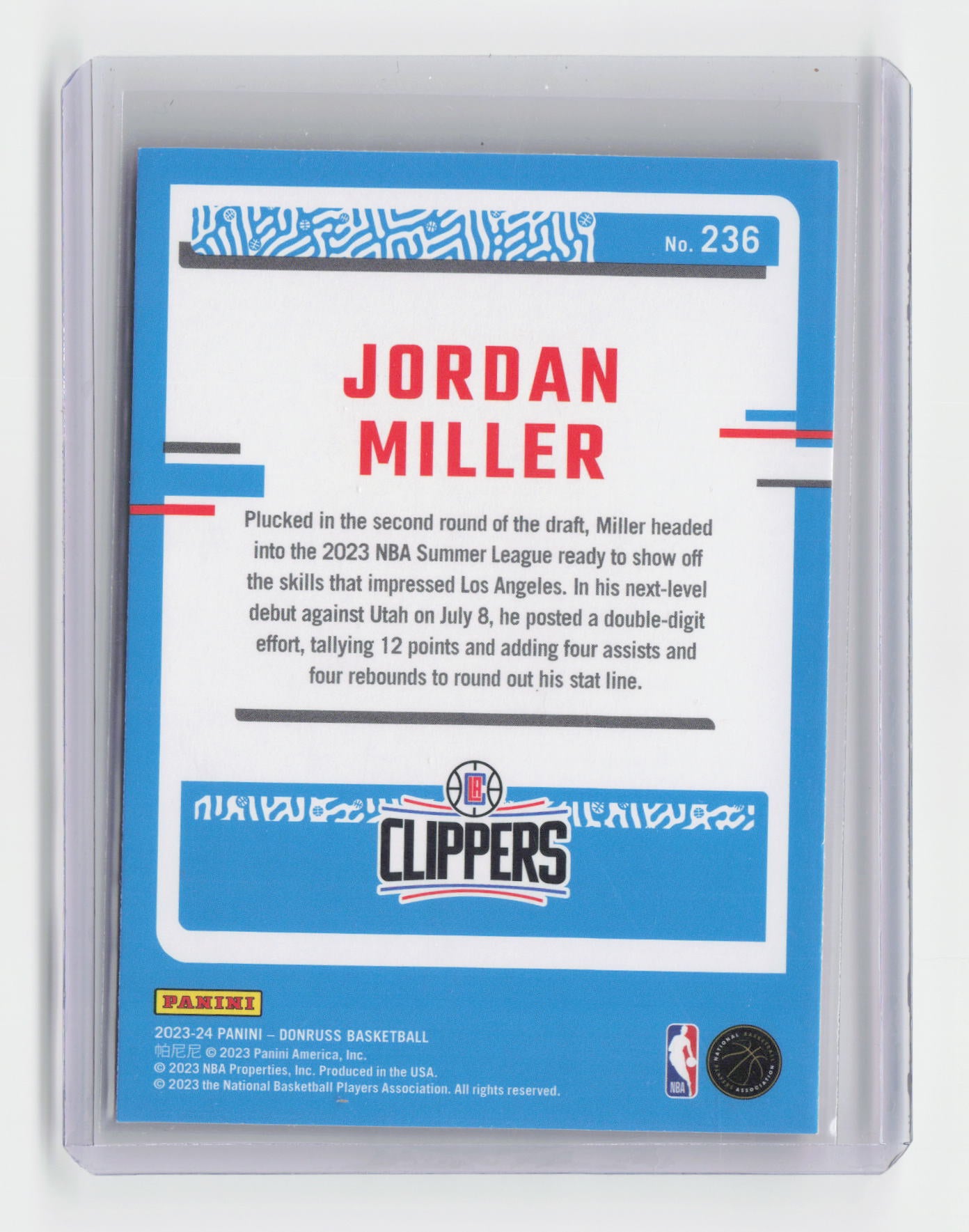 2023-24 JORDAN MILLER Rated Rookie Int Hobby - Donruss Clippers - #236