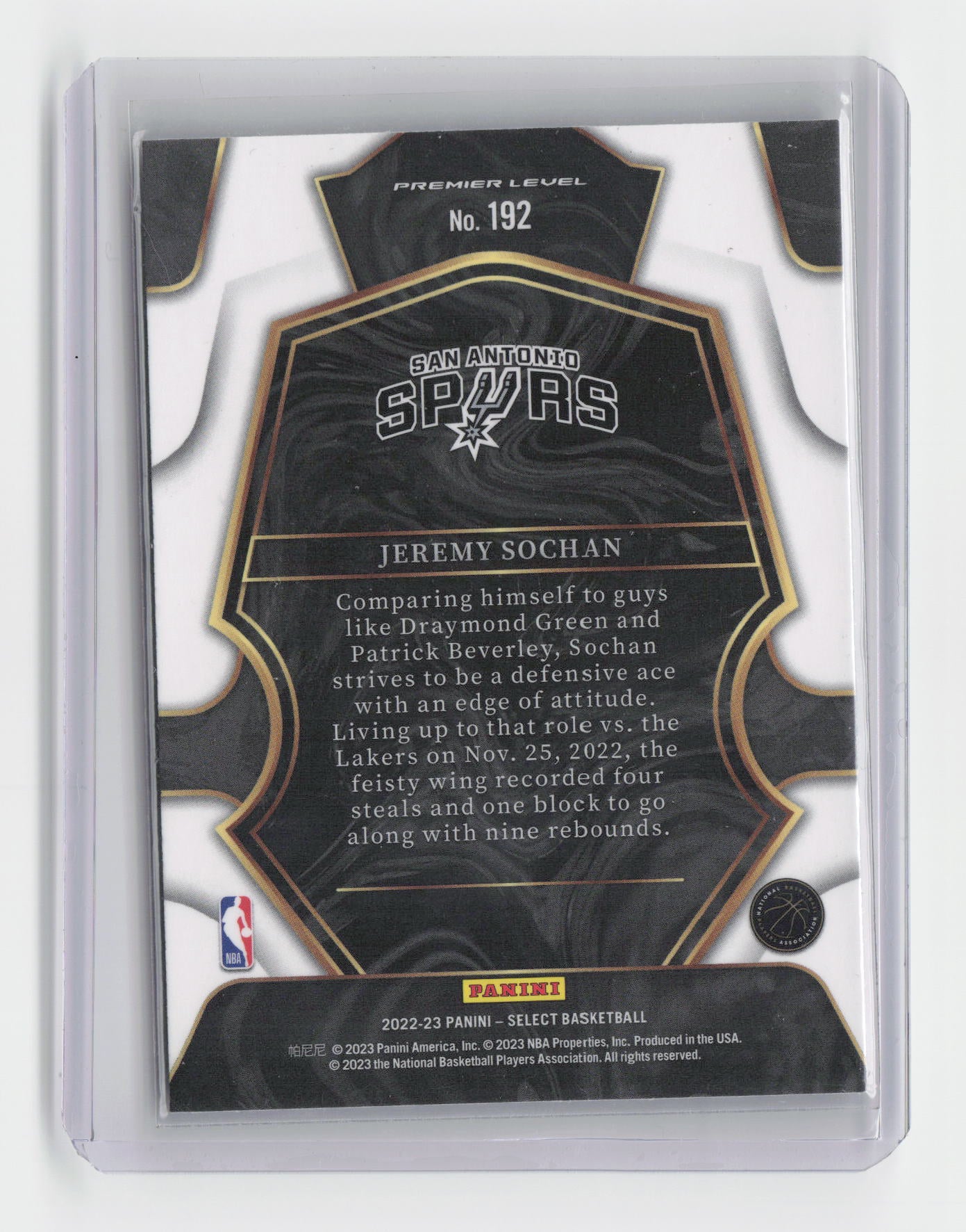 2022-23 JEREMY SOCHAN Premier Level Rookie - Select Spurs - #192
