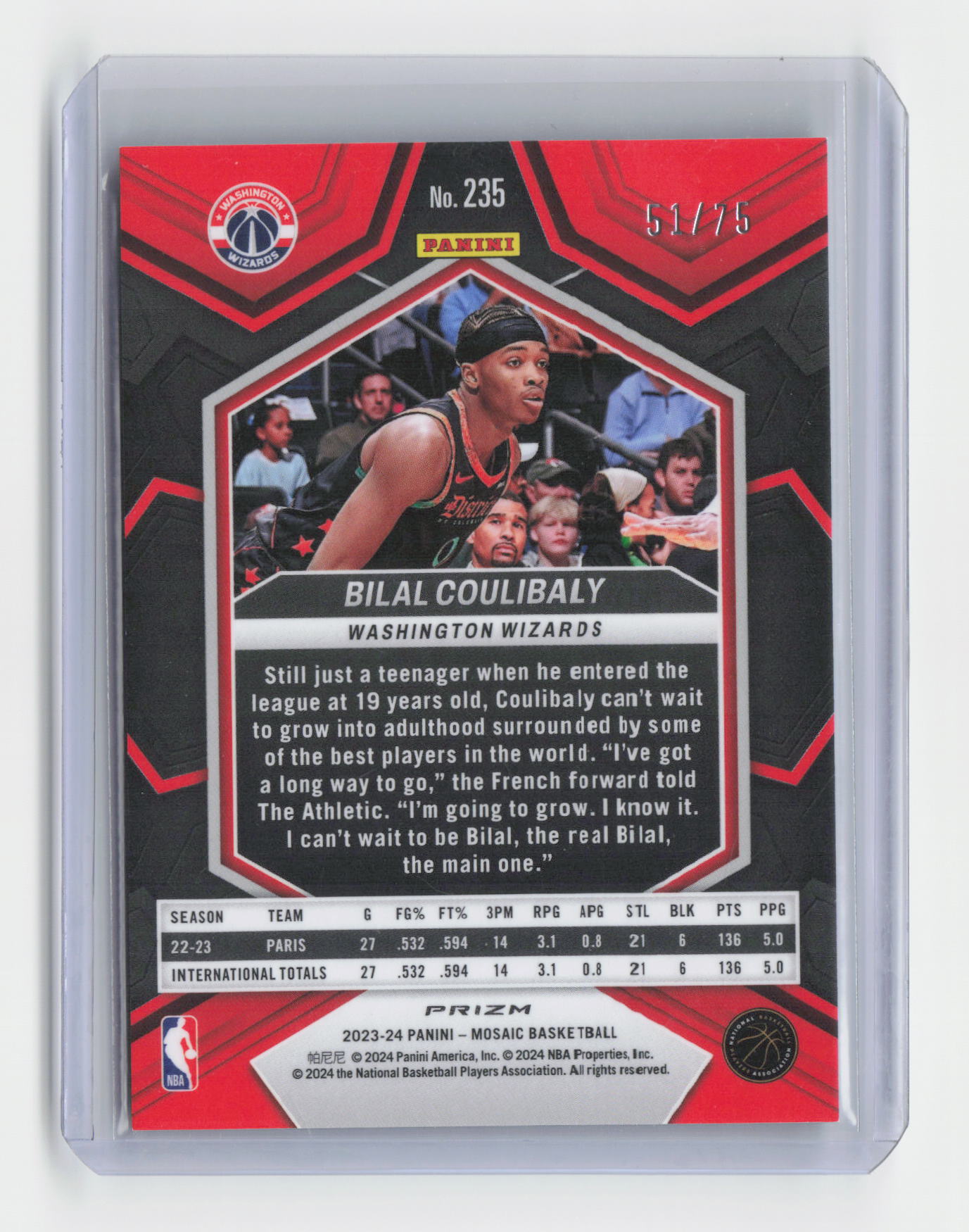 2023-24 BILAL COULIBALY Rookie Green 51/75 Mosaic Wizards - #235