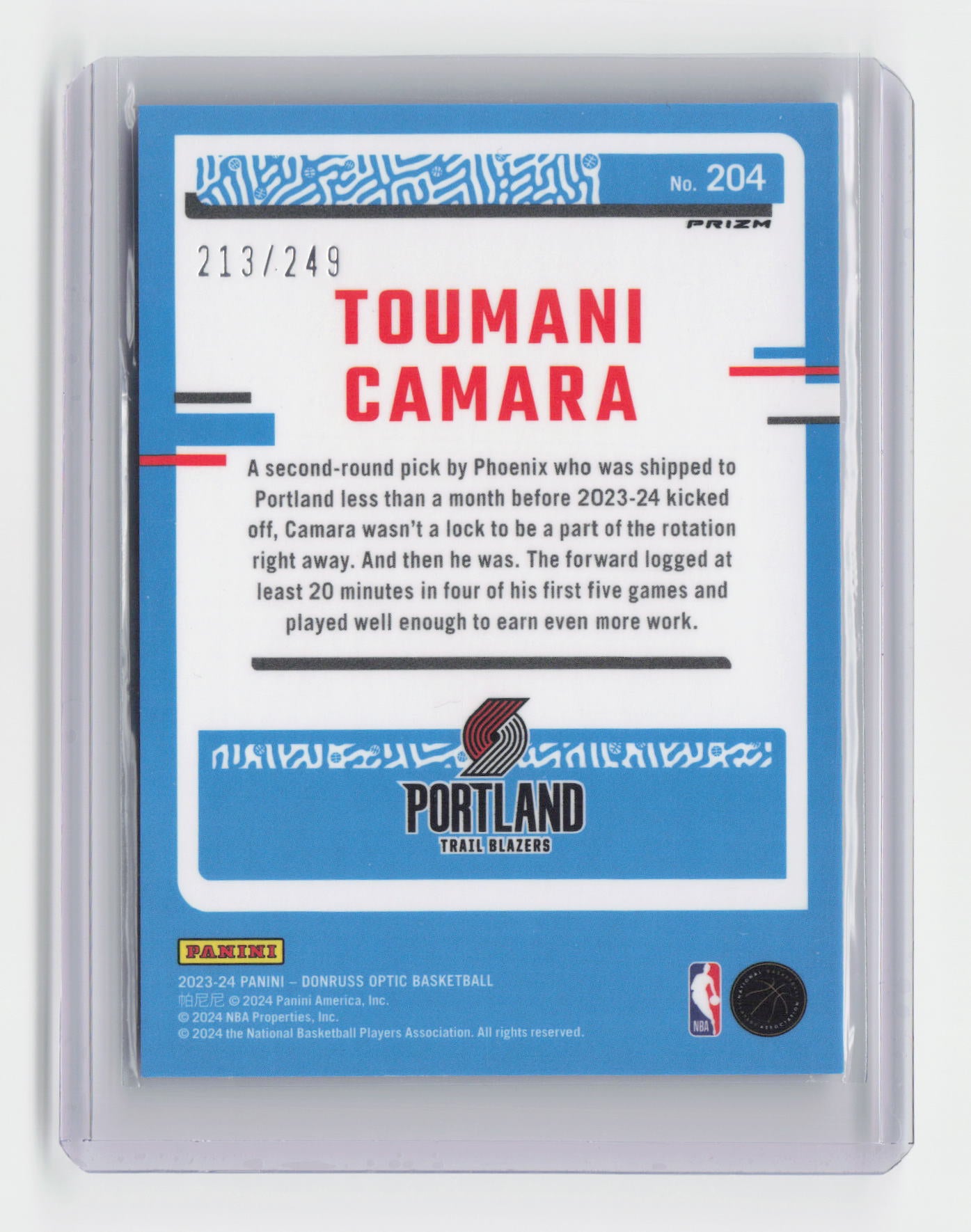 2023-24 TOUMANI CAMARA Blue Seismic 213/249 Donruss Optic Blazers