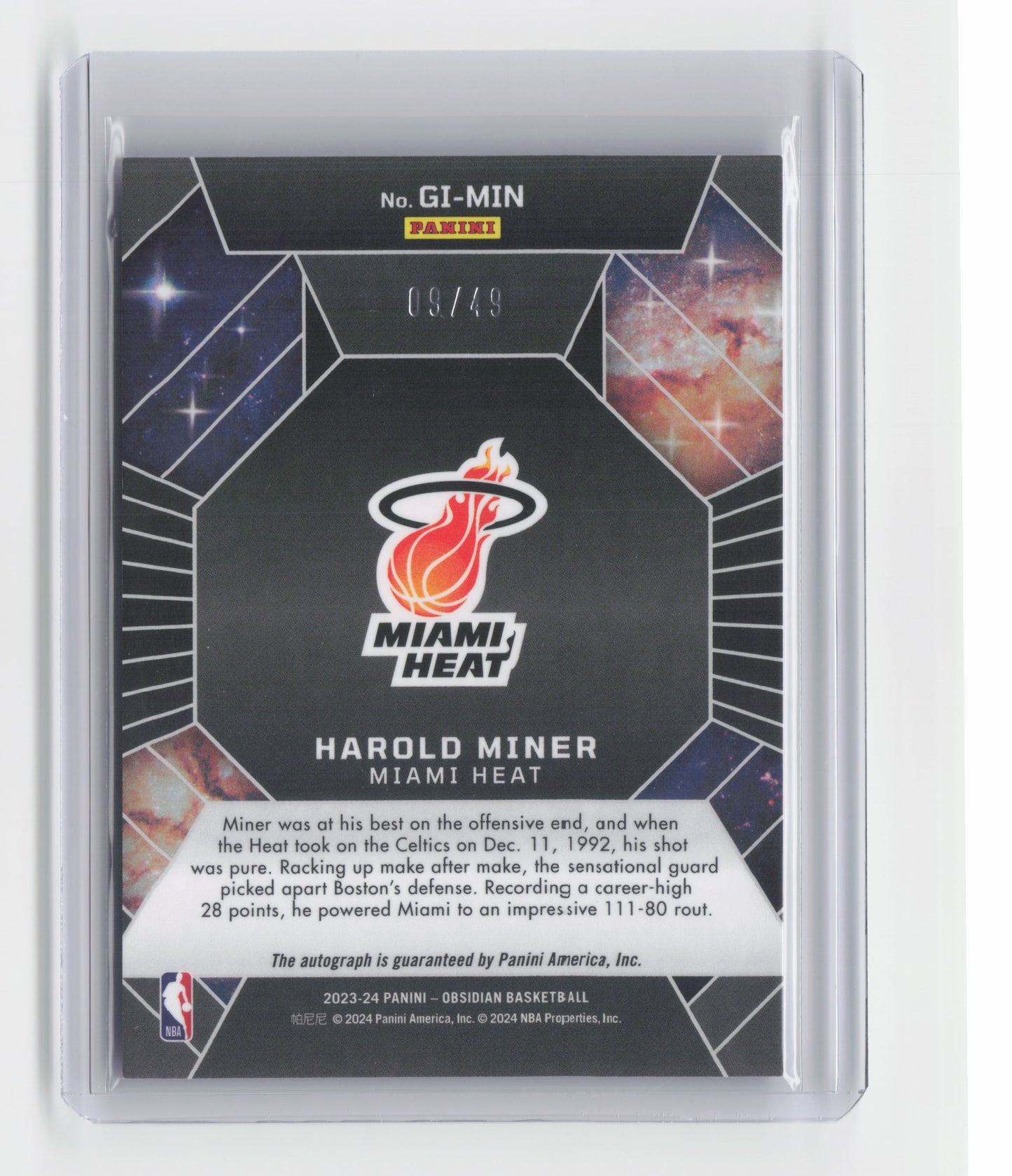 2023-24 HAROLD MINER Galaxy Ink Autograph Purple 09/49 Obsidian Heat #GI-MIN