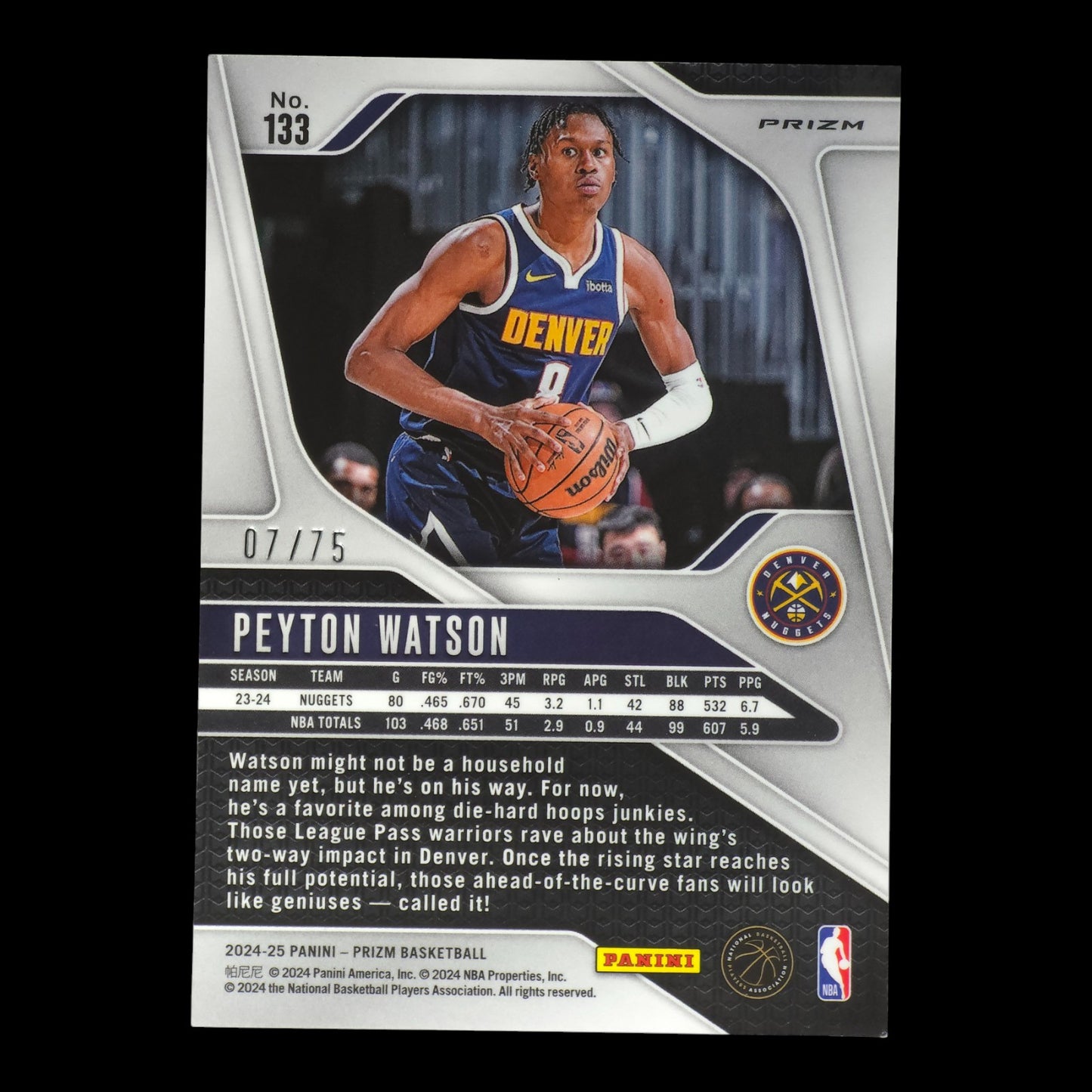 2024-25 PEYTON WATSON Purple 07/75 Prizm Fast Break Nuggets #133