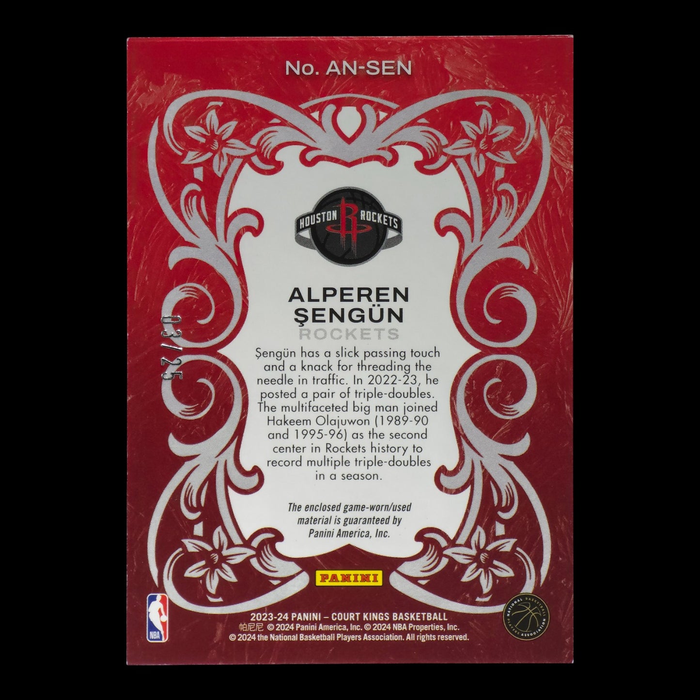 2023-24 ALPEREN SENGUN Art Nouveau Game Worn Court Kings 3/25 AN-SEN