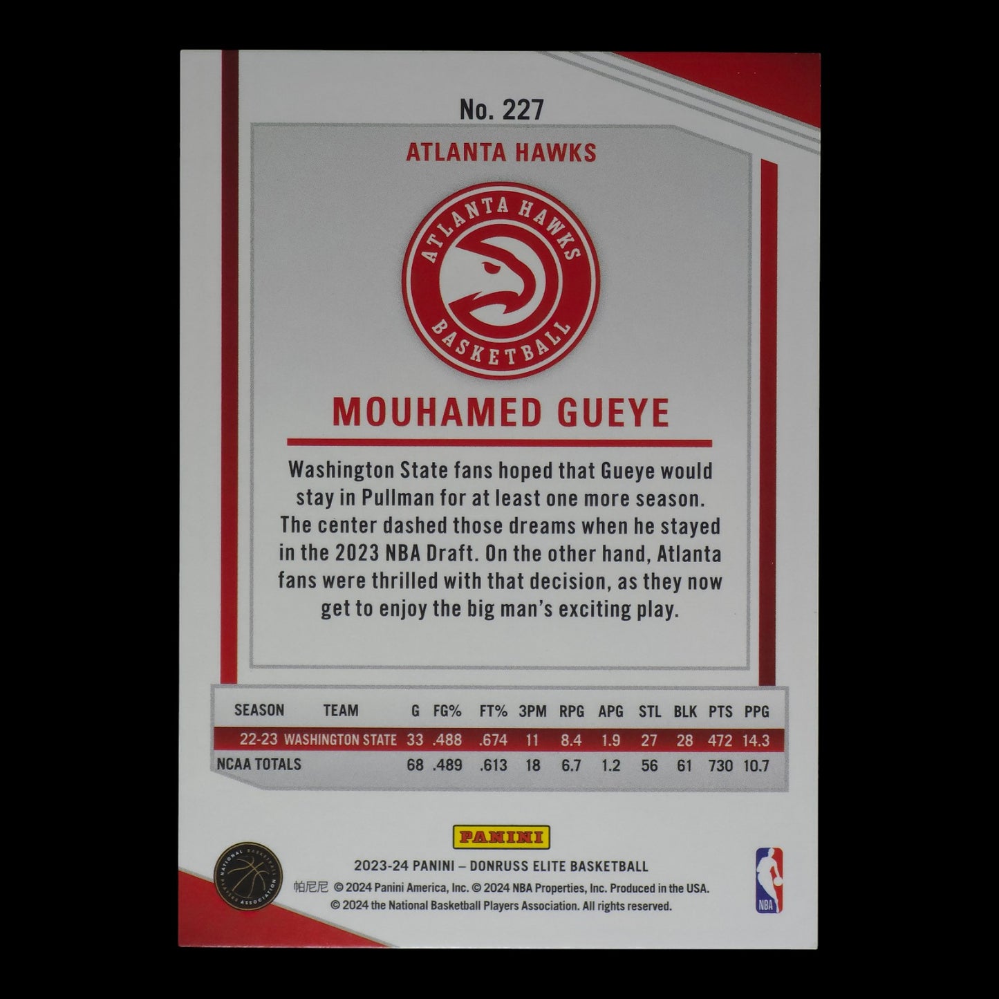 2023-24 MOUHAMED GUEYE Rookie International Red 64/88 Elite Hawks #227