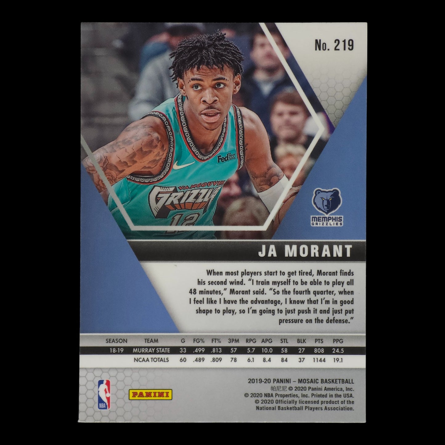2018-19 JA MORANT ROOKIE Mosaic Grizzlies #219