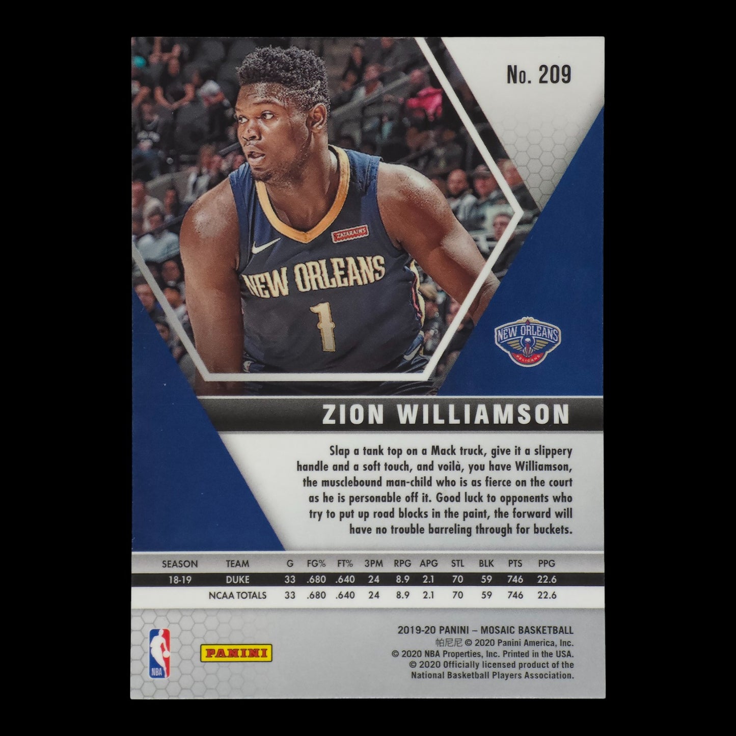 2019-20 ZION WILLIAMSON Rookie Mosaic Pelicans #209