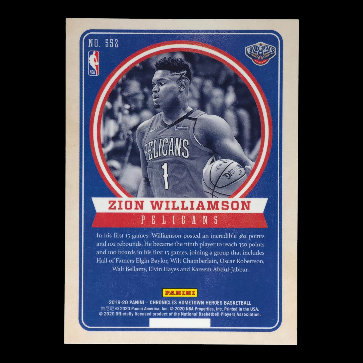2019-20 ZION WILLIAMSON Rookie Red Home Town Chronicles Pelicans #552
