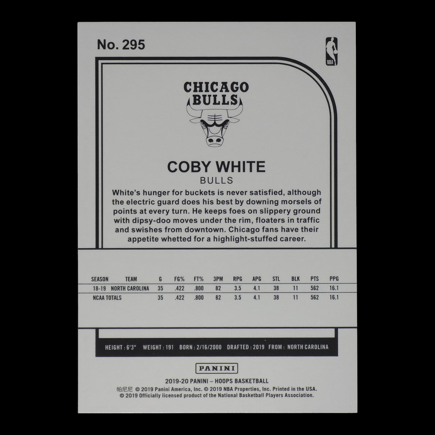 2019-20 COBY WHITE Tribute Rookie Hoops Bulls #295