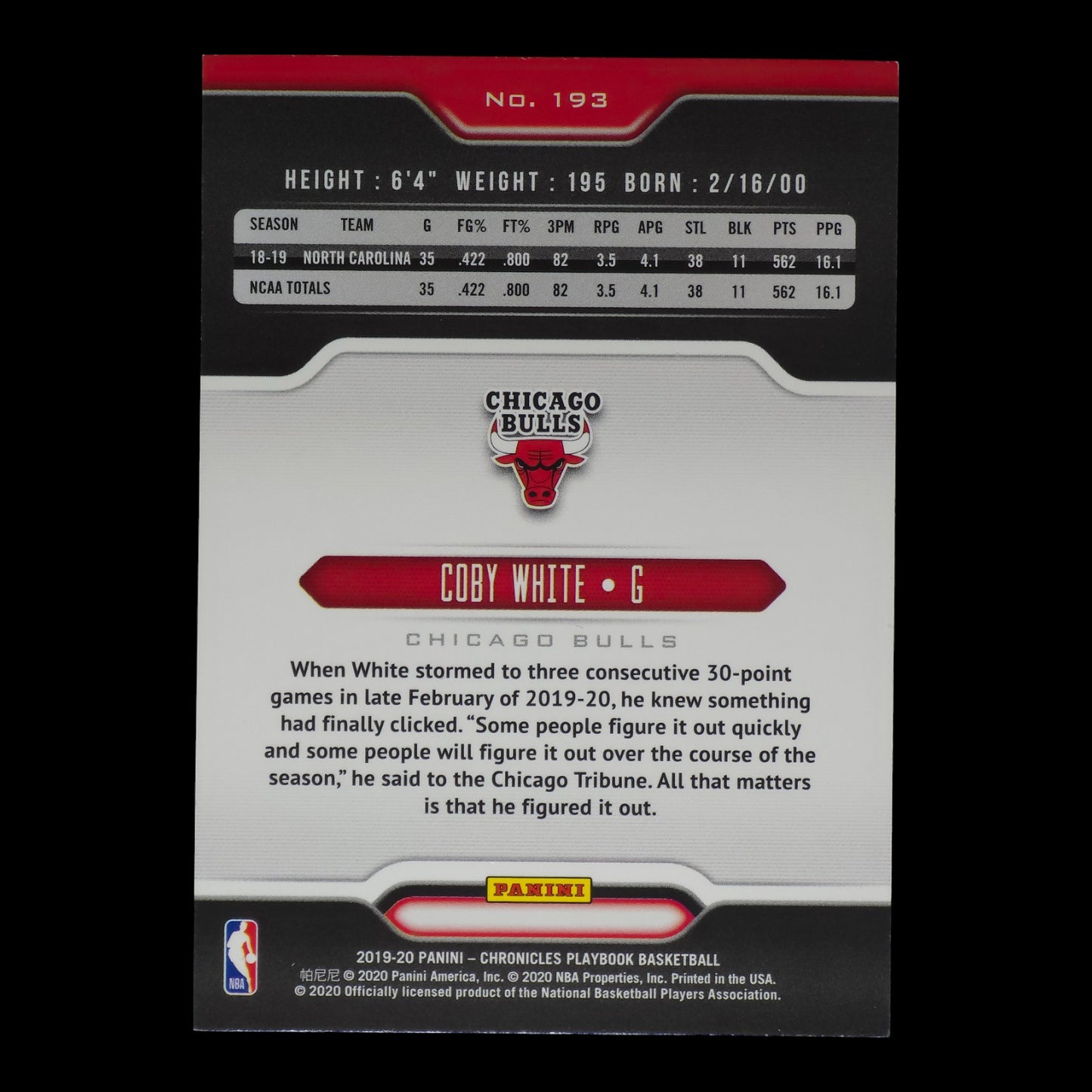 2019-20 COBY WHITE Rookie Playbook Chronicles Bulls #193