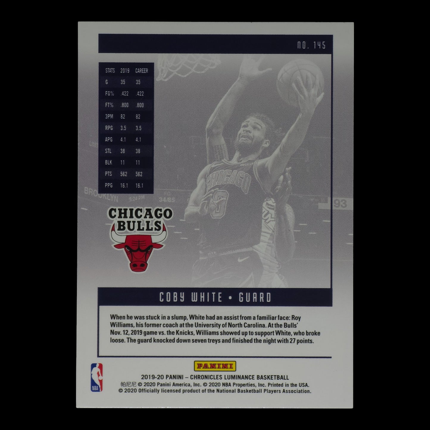 2019-20 COBY WHITE Rookie Luminance Chronicles Bulls #145
