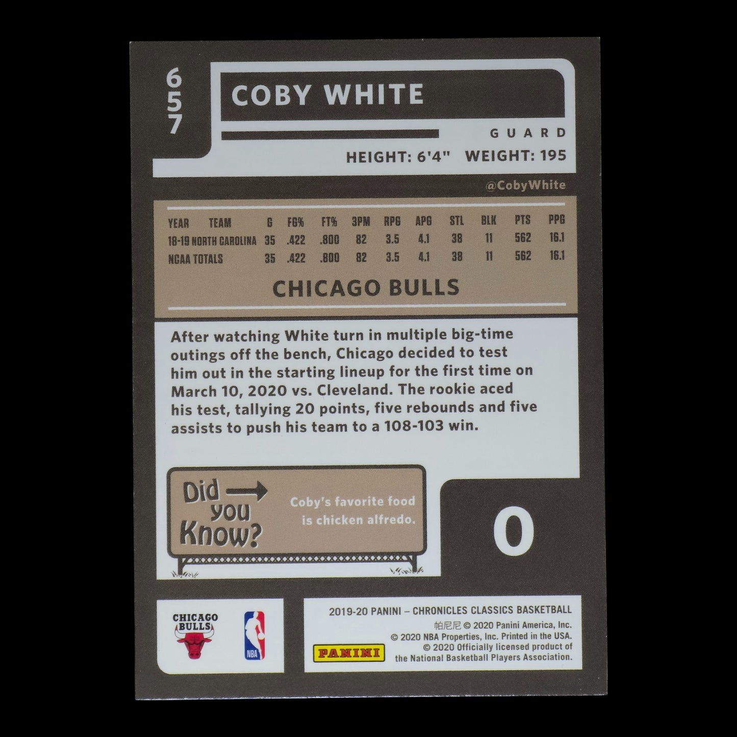 2019-20 COBY WHITE Classics Rookie Chronicles Bulls #657