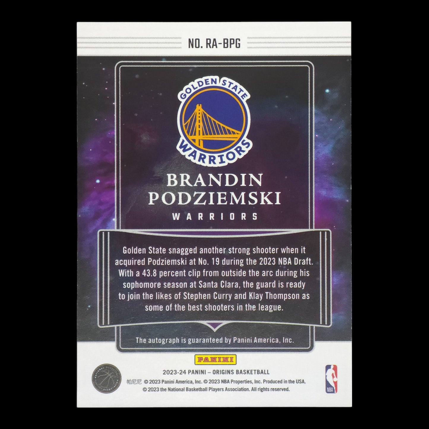 2023-24 BRANDIN PODZIEMSKI Rookie On Card Autograph Origins GWS RA-BPG