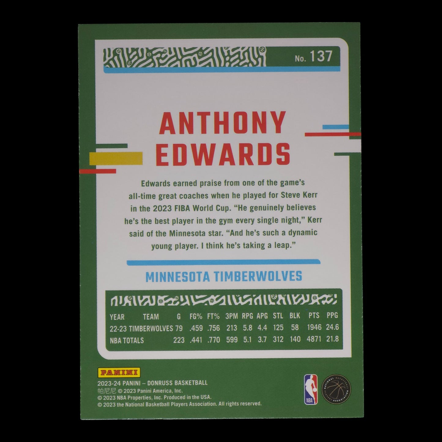 2023-24 ANTHONY EDWARDS Green Laser Donruss Timberwolves #137