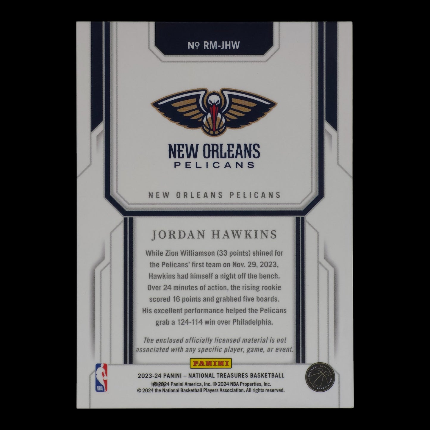 2023-24 JORDAN HAWKINS Rookie Materials 13/99 National Treasures RM-JHW