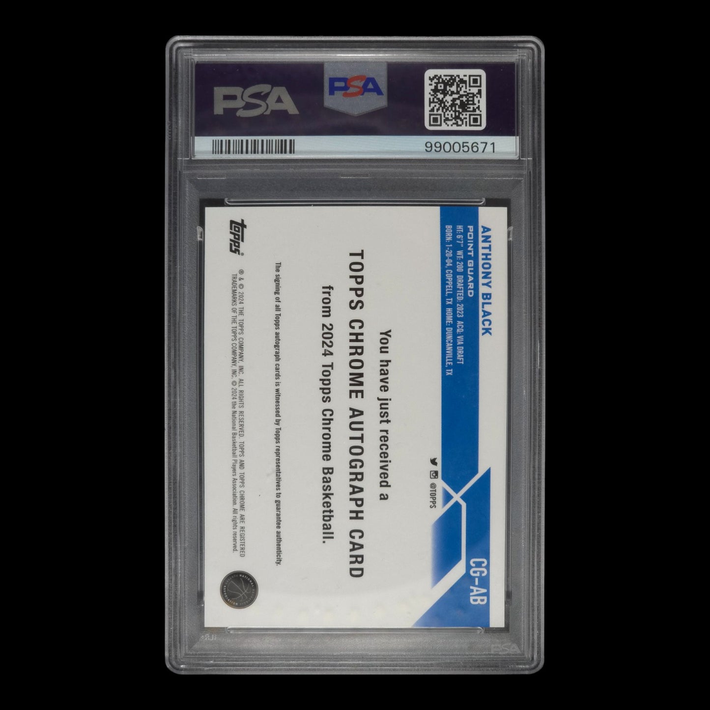 2023-24 ANTHONY BLACK Topps Certified Autograph PSA 9 Topps Chrome CG-AB