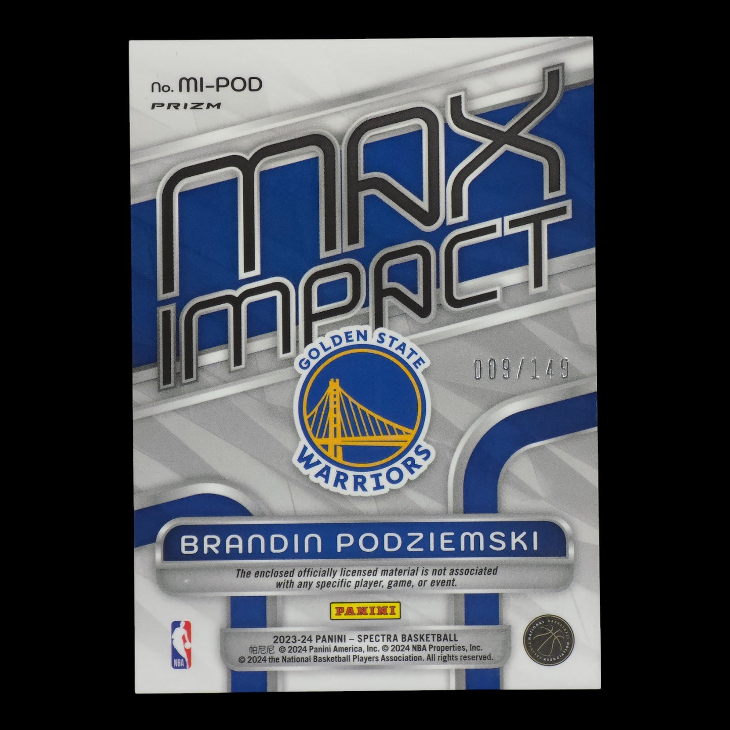 2023-24 Brandin Podziemski Max Impact Rookie Patch 9/149 Spectra GWS MI-POD