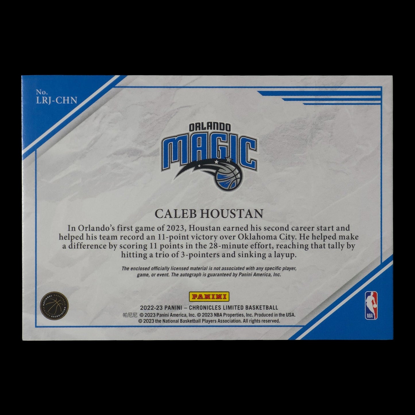 2022-23 CALEB HOUSTON LIMITED RPA Rookie Patch Auto 8/25 Chronicles LRJ-CHN