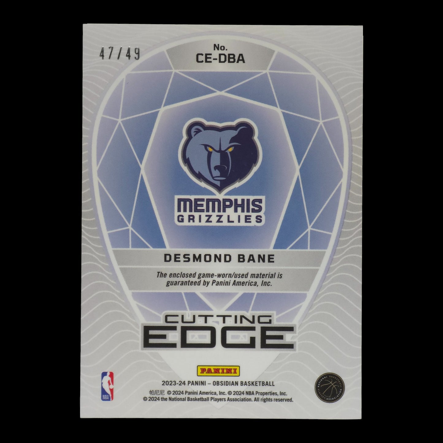 2023-24 DEMOND BANE Cutting Edge Purple Etch 47/49 Obsidian Grizzlies CE-DBA