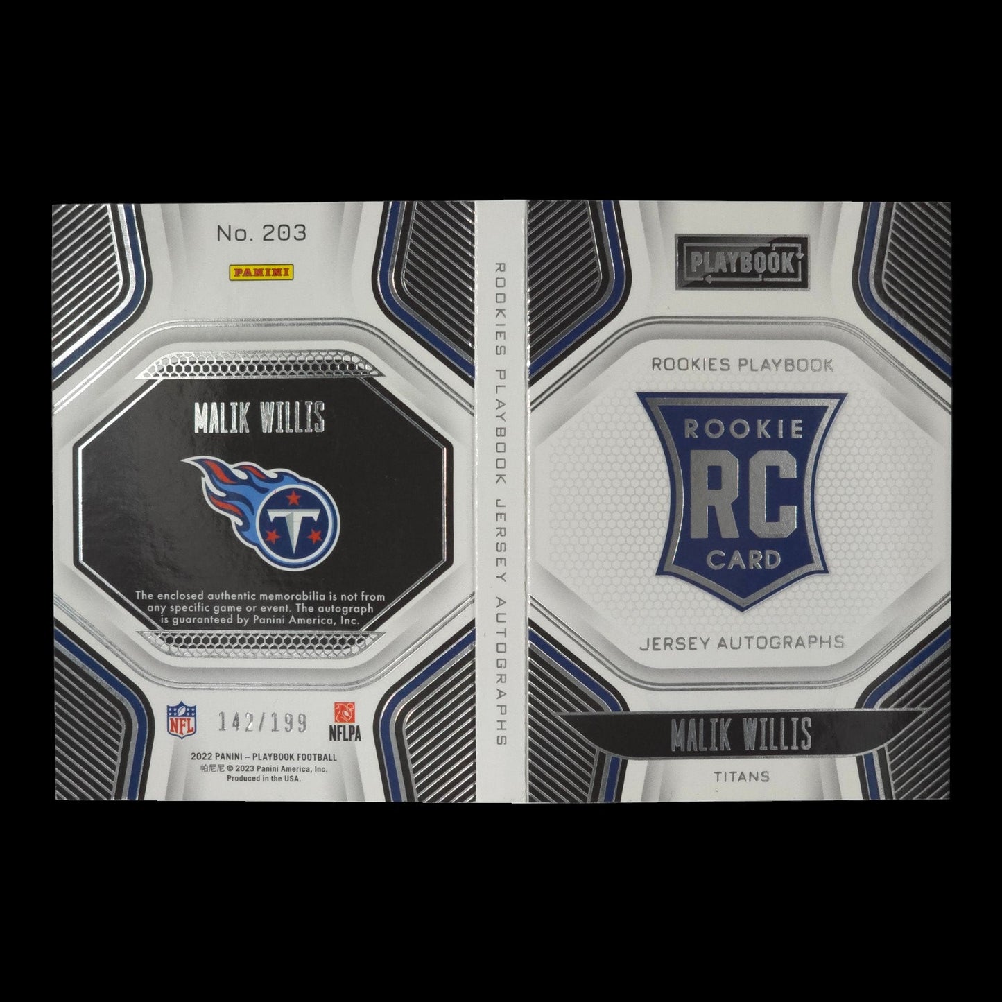 2023-24 MALIK WILLIS Rookies Playbook Jersey Auto 142/199 Titans #203