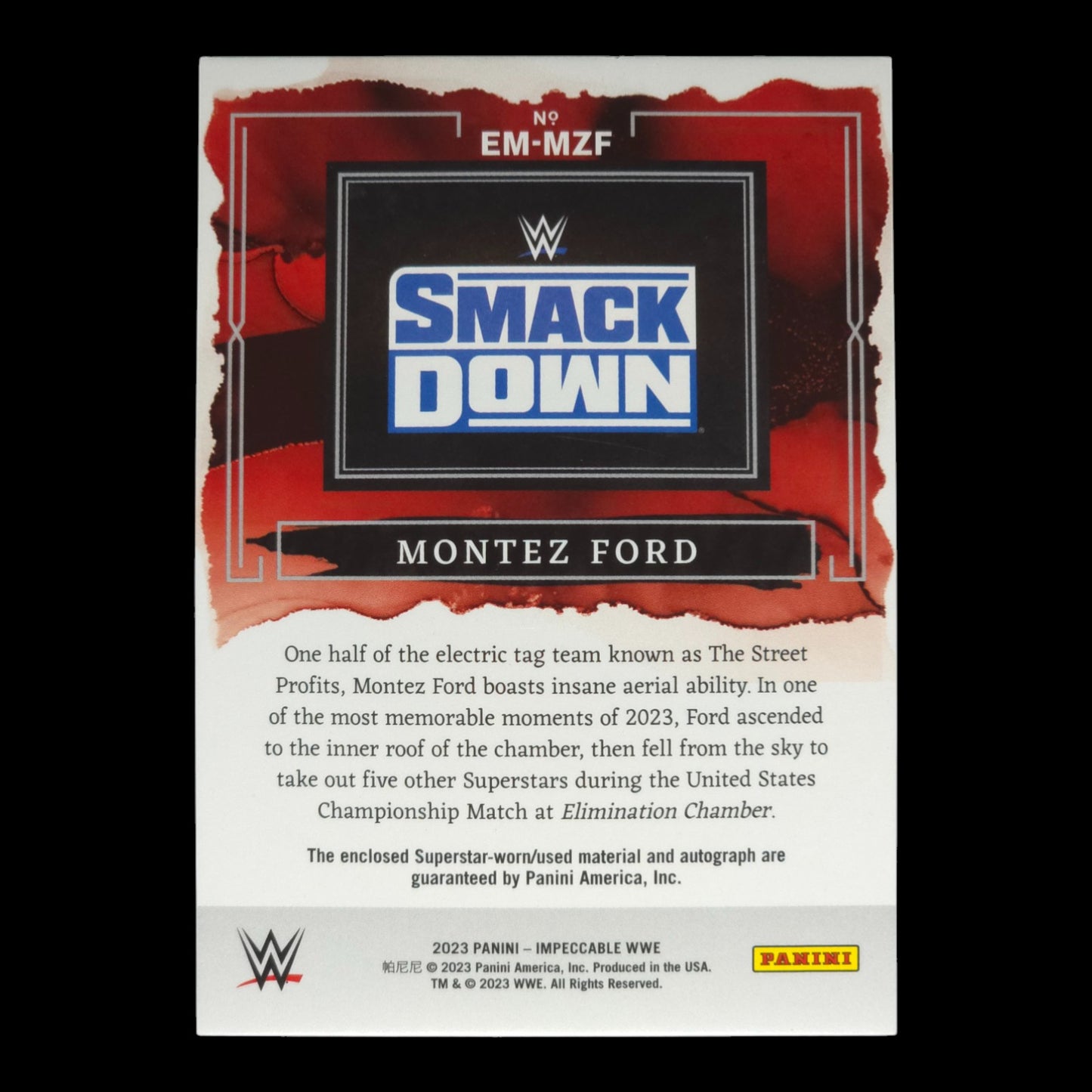 2023 MONTEZ FORD Smack Down Elegance Memorabilia Auto 18/49 Impeccable EM-MZF