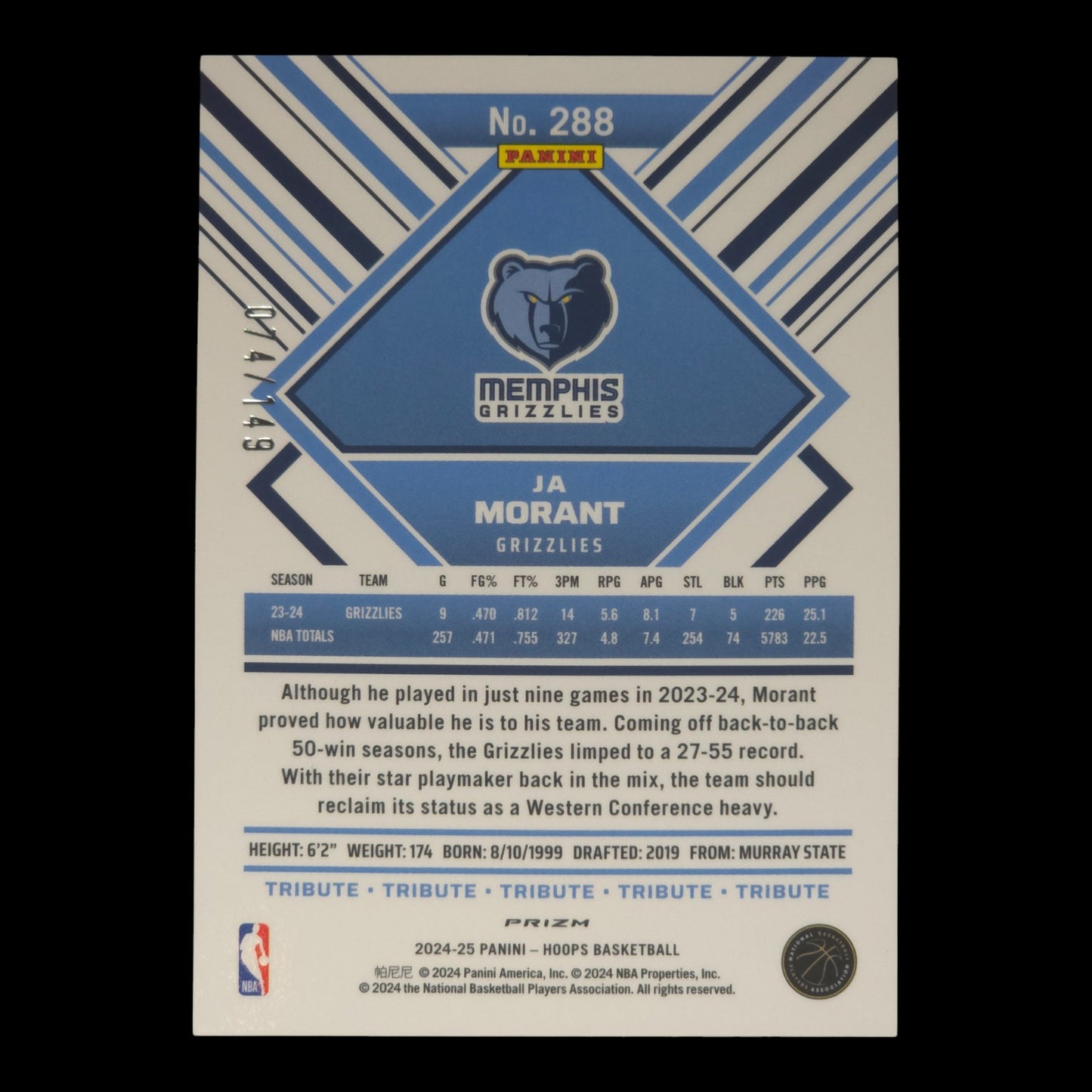 2024-25 JA MORANT Tribute Lime Green 74/149 Hoops #288