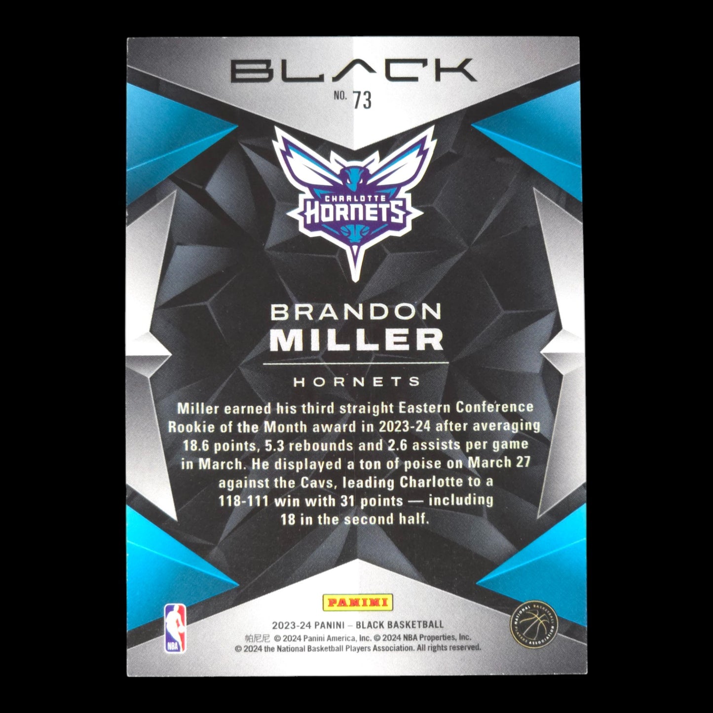2023-24 BRANDON MILLER Rookie 69/75 Panini Black Hornets #73