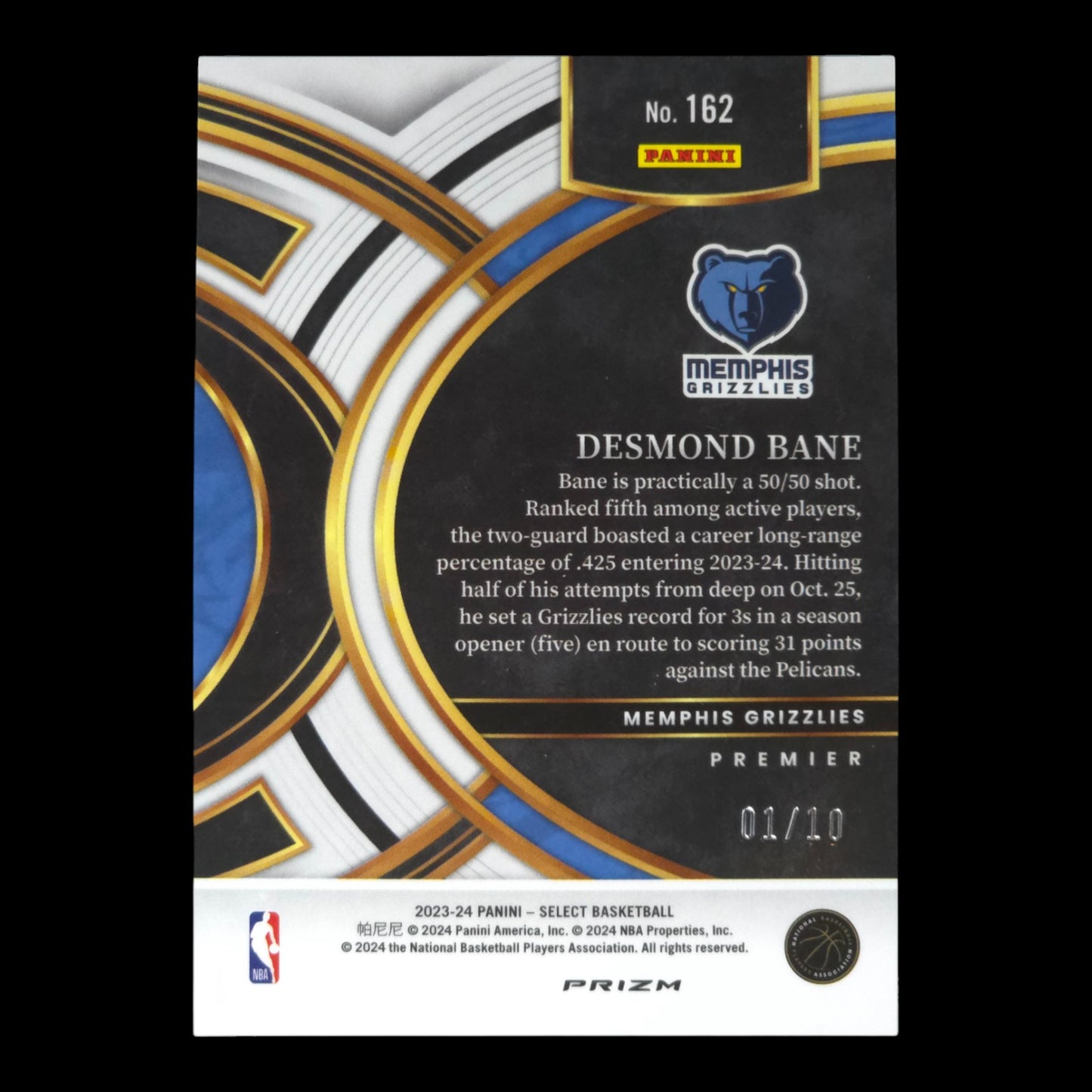 2023-24 DESMOND BANE Premier Gold 1/10 Select Grizzlies #162