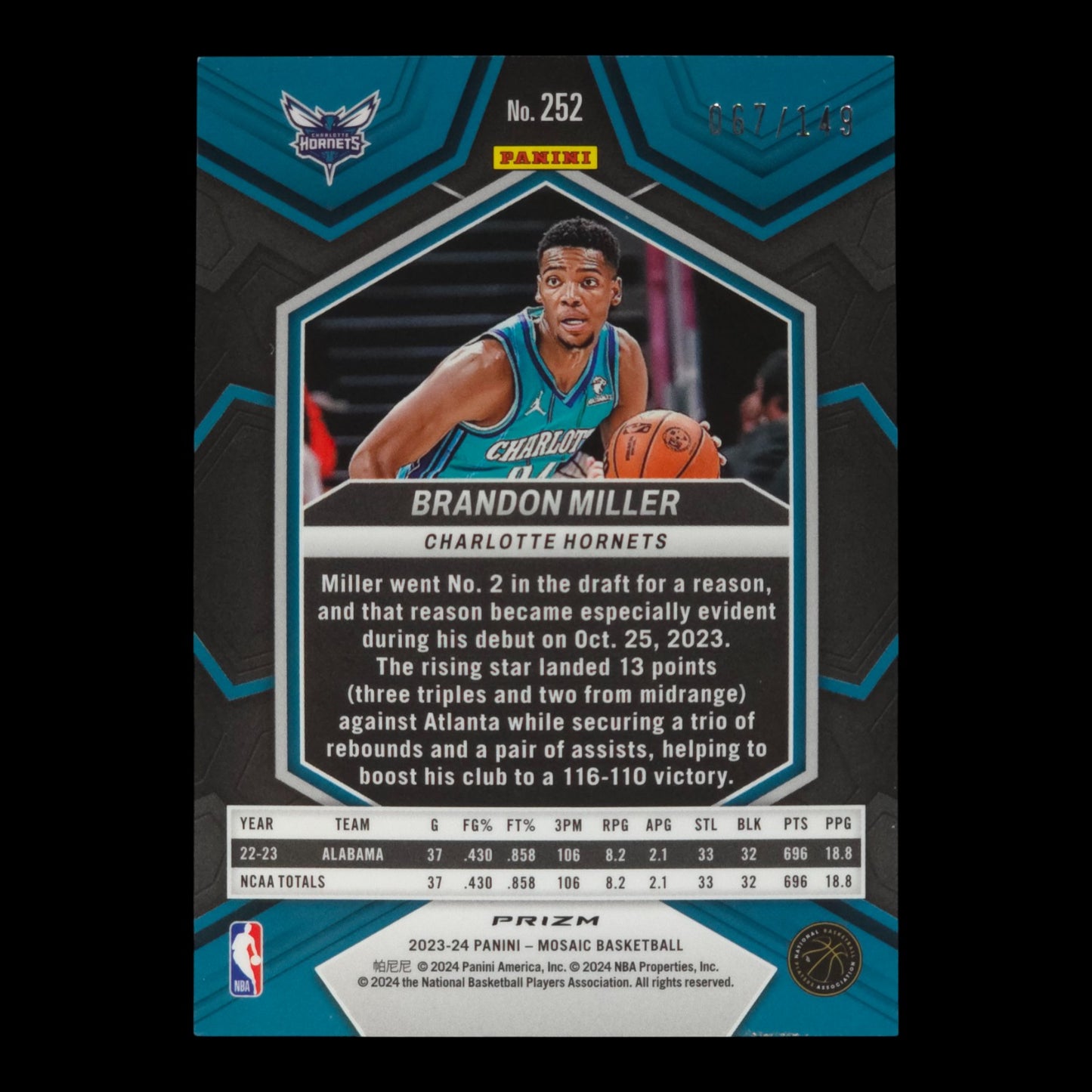 2023-24 BRANDON MILLER Pink NBA Debut 67/149 Mosaic Hornets #252