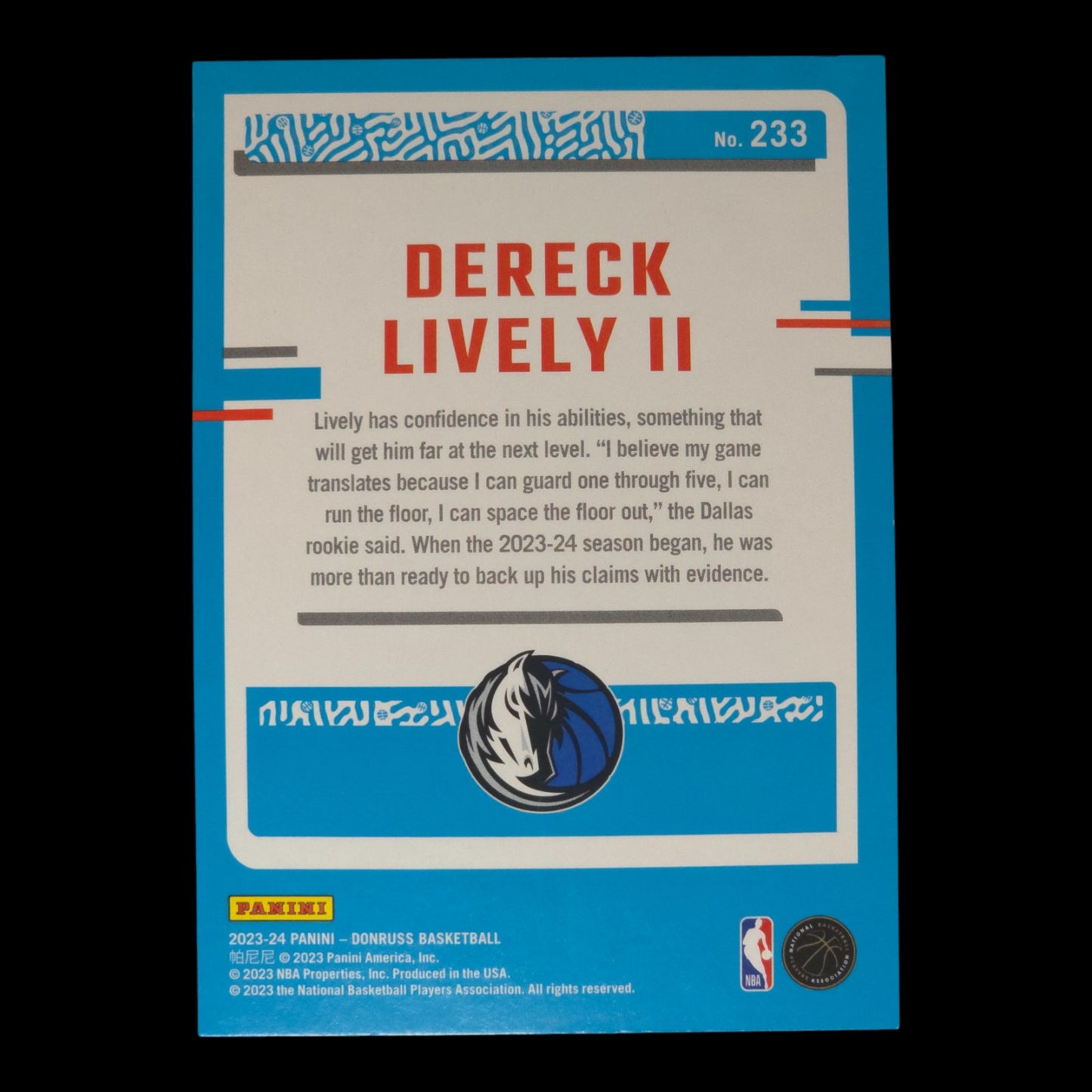2023-24 DERECK LIVELY II Orange Laser Rated Rookie 21/125 Donruss Mavericks #233
