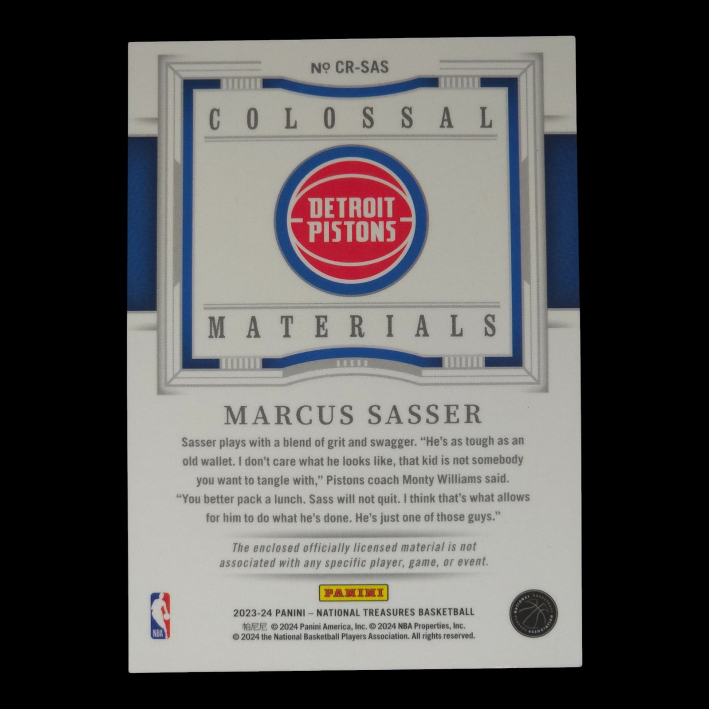 2023-24 MARCUS SASSER Colossal Materials 39/99 National Treasures CR-SAS