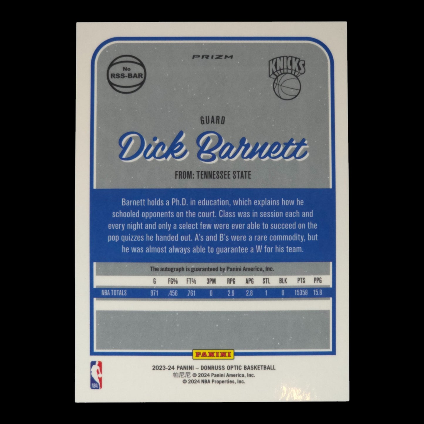 2023-24 DICK BARNETT Retro Signature Series Mojo Optic Choice Knicks RSS-BAR