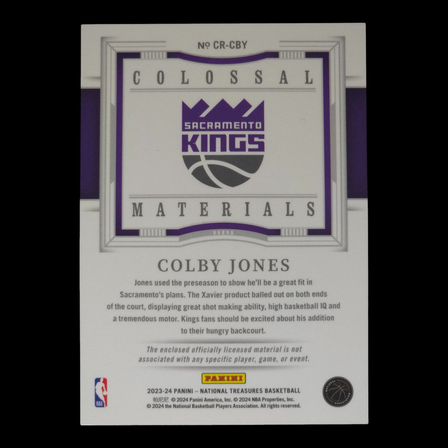 2023-24 COLBY JONES Colossal Materials 30/99 National Treasures Kings CR-CBY