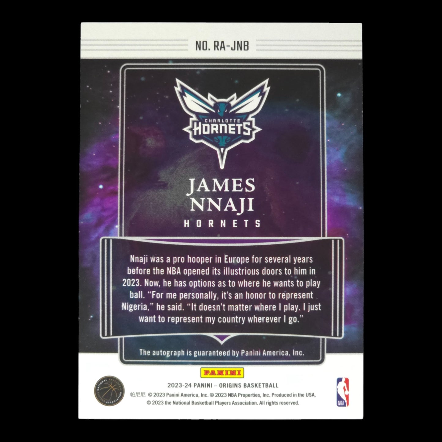 2023-24 JAMES NNAJI On Card Auto Origins Hornets RA-JNB