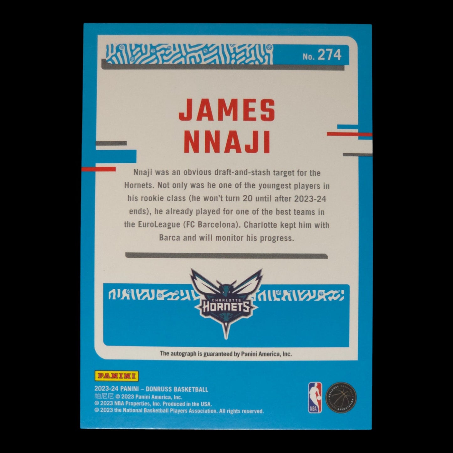 2023-24 JAMES NNAJI Rated Rookie Auto Donruss Choice Hornets #274