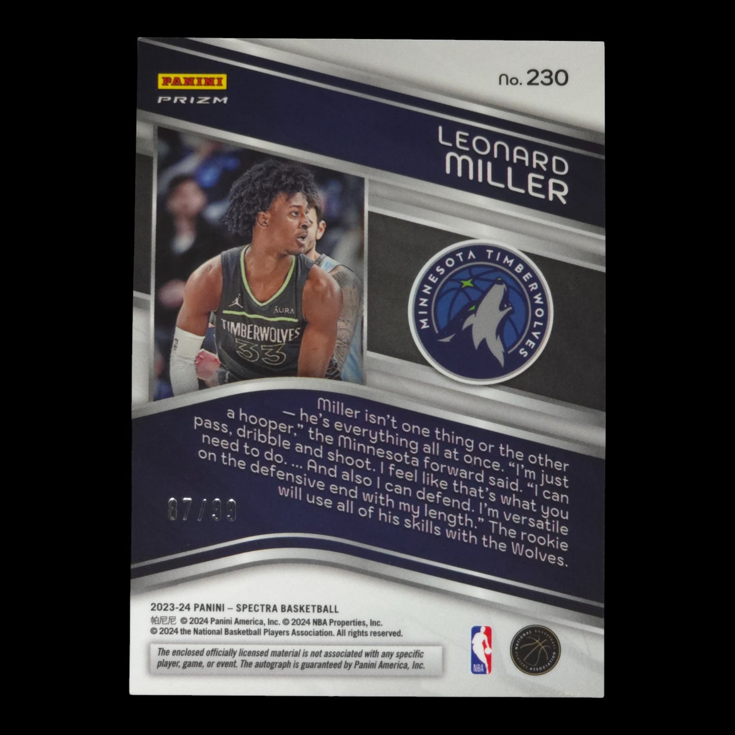 2023-24 LEONARD MILLER RPA 87/99 Spectra Timberwolves #230