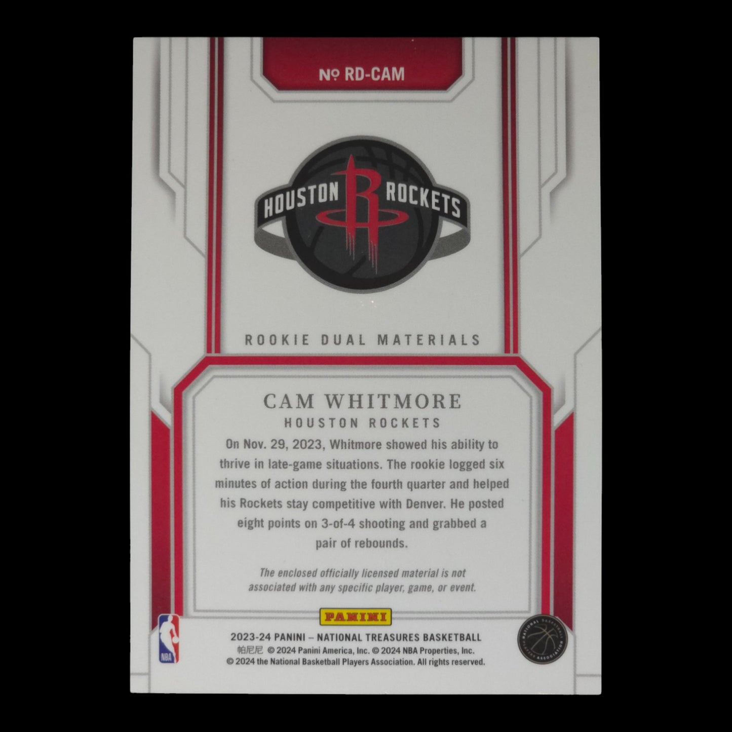 2023-24 CAM WHITMORE Rookie Dual Materials 40/99 National Treasures RD-CAM