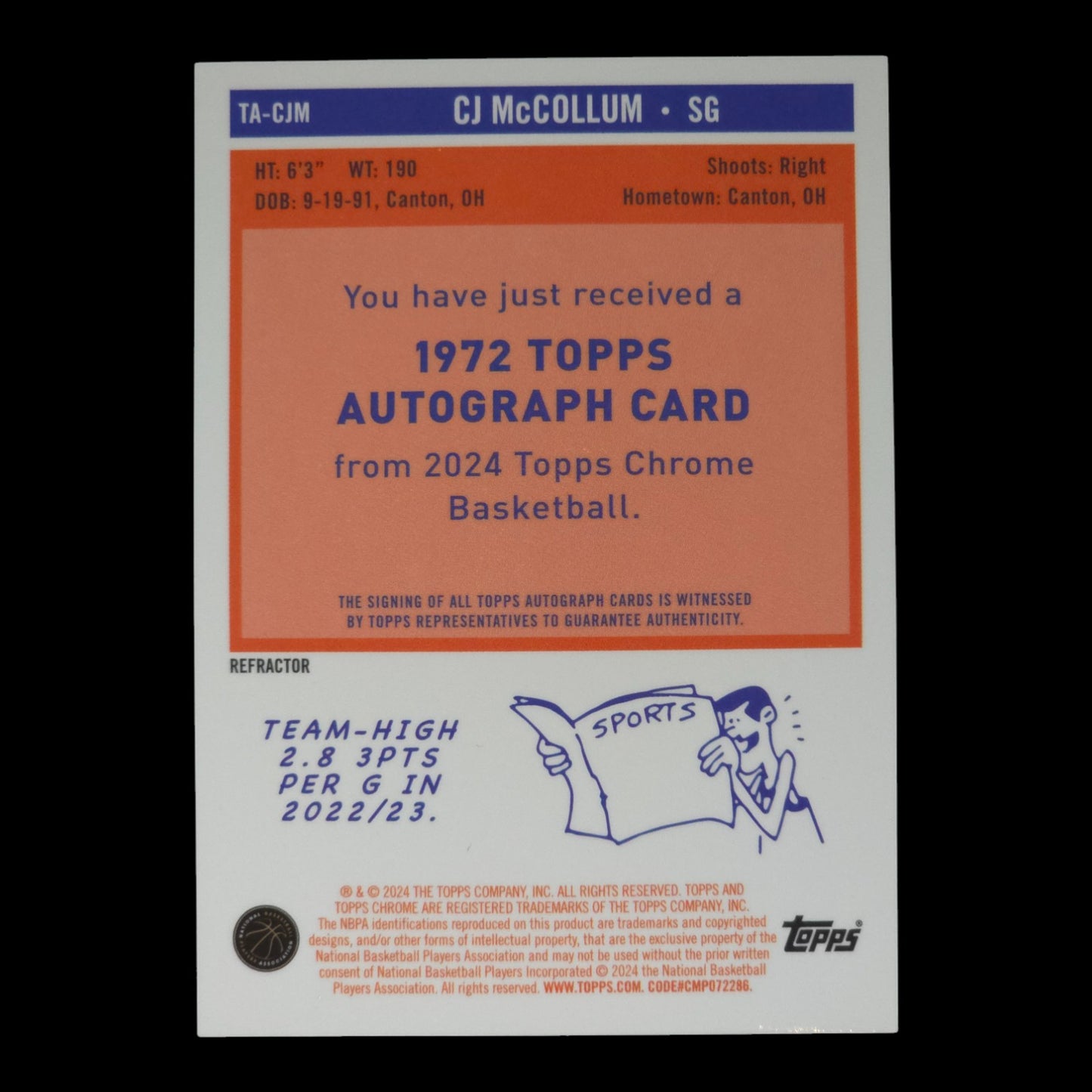 2023-24 CJ MCCOLLUM Gard Auto Topps Chrome TA-CJM