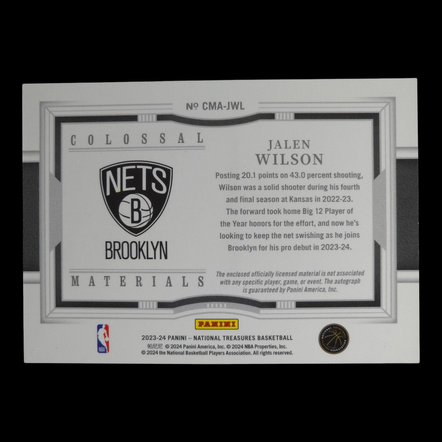 2023-24 JALEN WILSON Colossal Materials Auto 37/49 National Treasures CMA-JWL