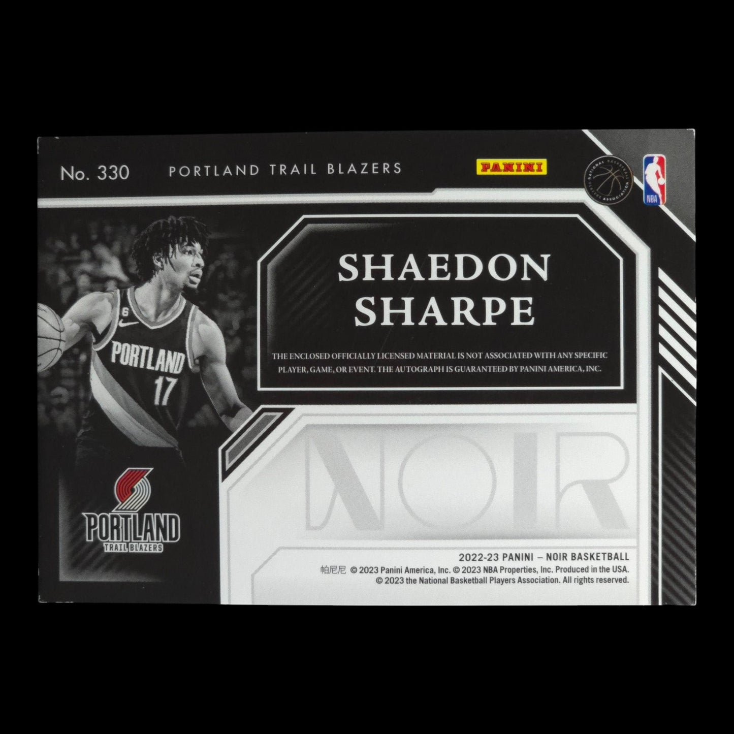 2022-23 SHAEDON SHARPE Rookie Patch Auto Black & White 1/10 Noir Blazers #330