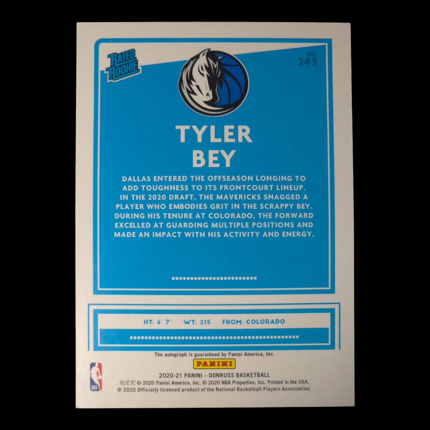 2020-21 TYLER BEY Red and Gold Laser Rated Rookie Auto Donruss Mavericks #243