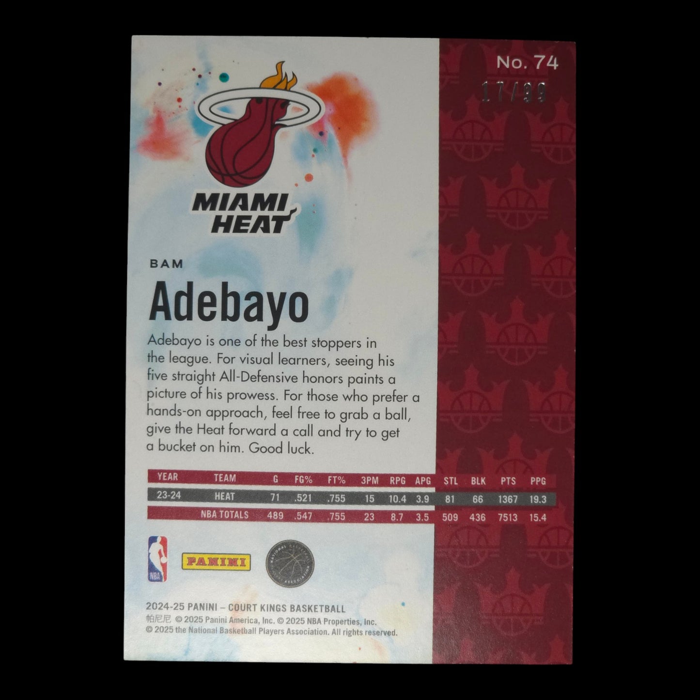 2024-25 BAM ADEBAYO Pink 17/99 Court Kings Heat #74