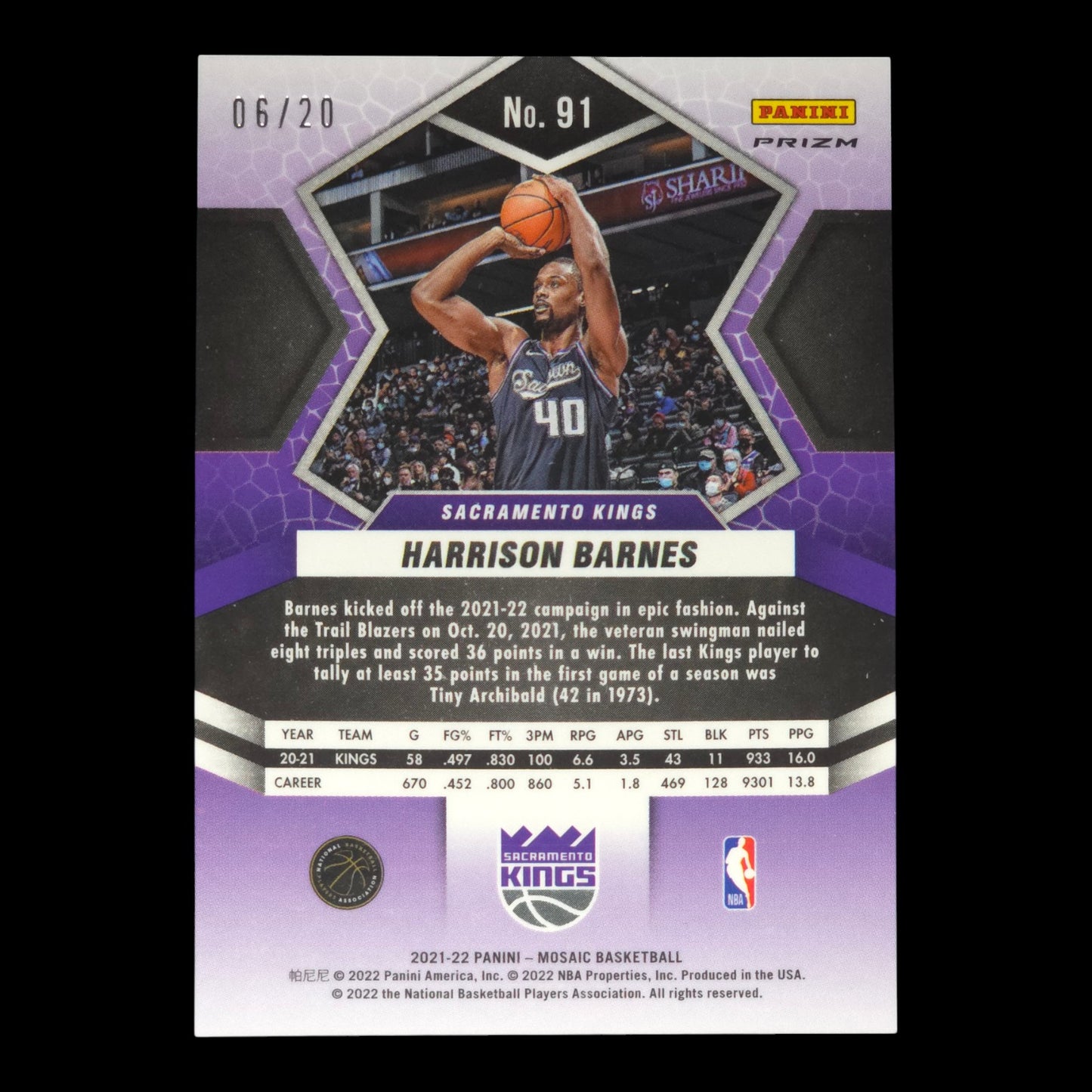 2021-22 HARRISON BARNES Pink Disco 6/20 Mosaic Kings #91