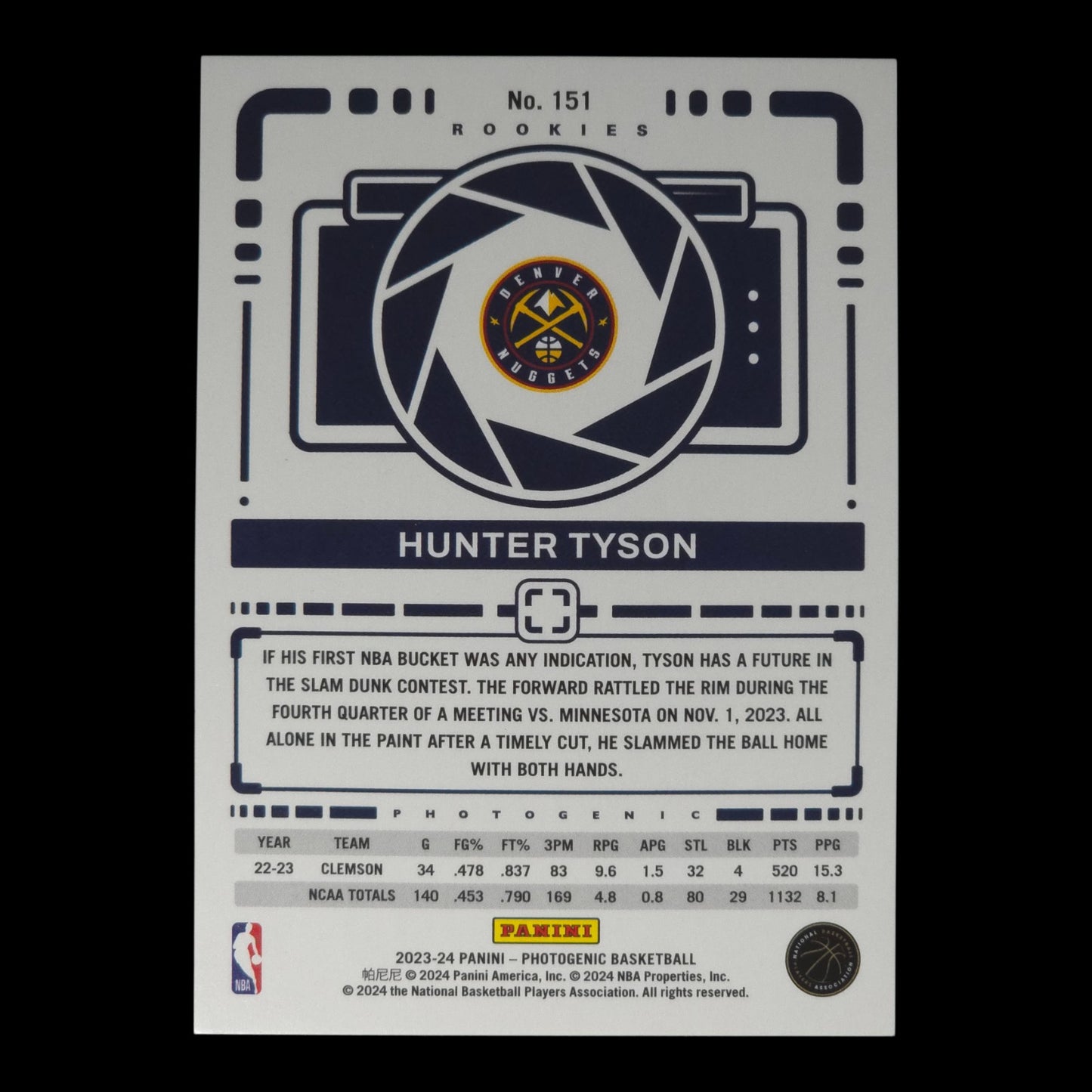 2023-24 HUNTER TYSON Diamond 6/75 Photogenic Nuggets #151