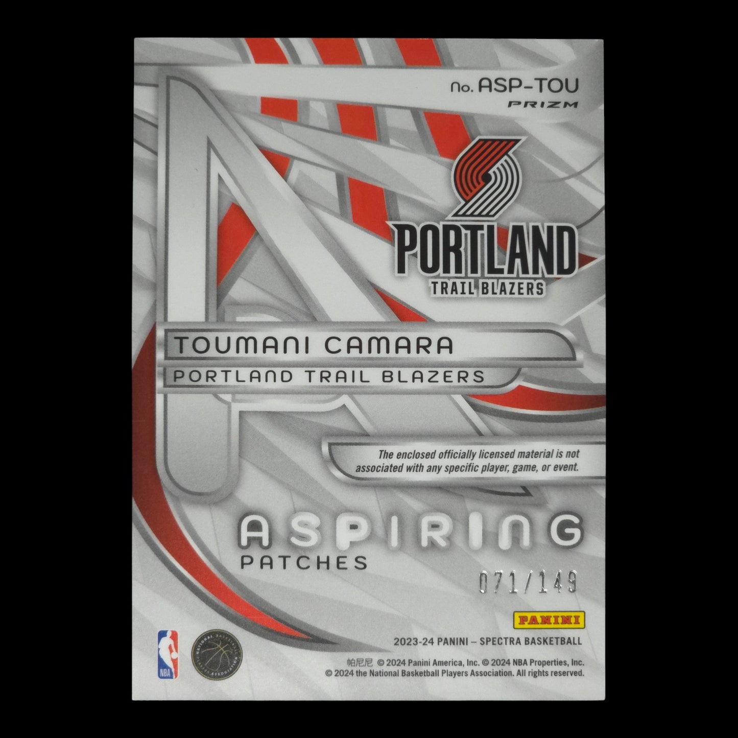 2023-24 TOUMANI CAMARA Aspiring Patches 71/149 Spectra Blazers ASP-TOU