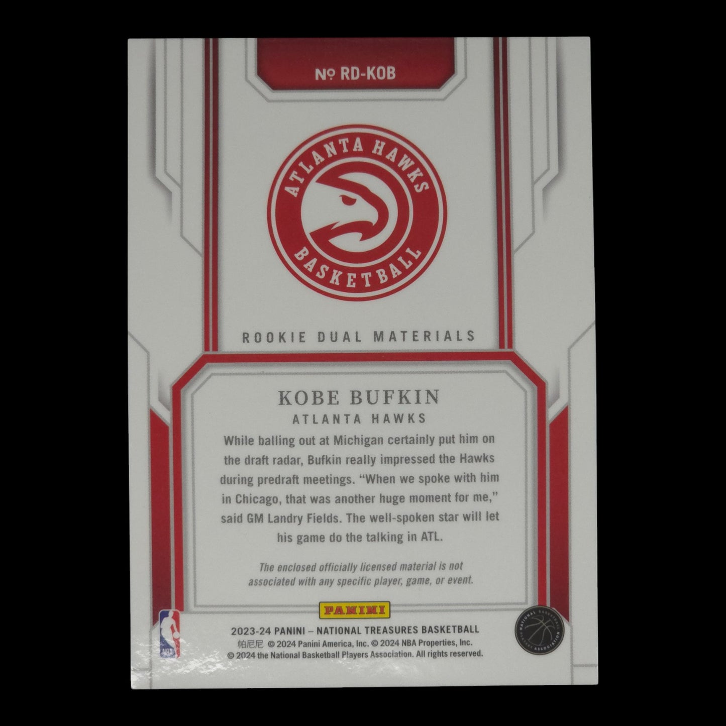 2023-24 KOBE BUFKIN Rookie Dual Materials 55/99 NT Hawks RD-KOB