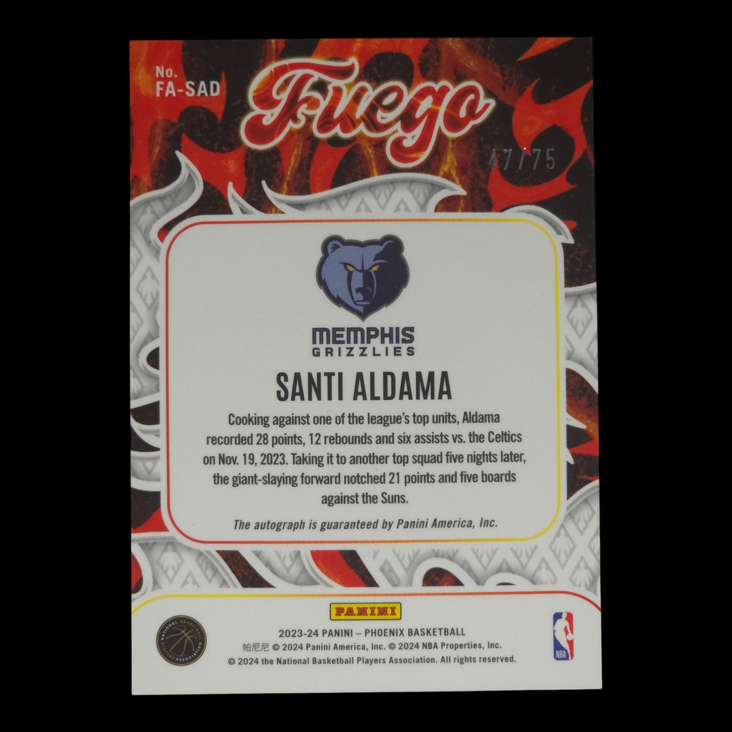 2023-24 SANTI ALDAMA Fuego Purple Auto 47/75 Phoenix Grizzlies FA-SAD